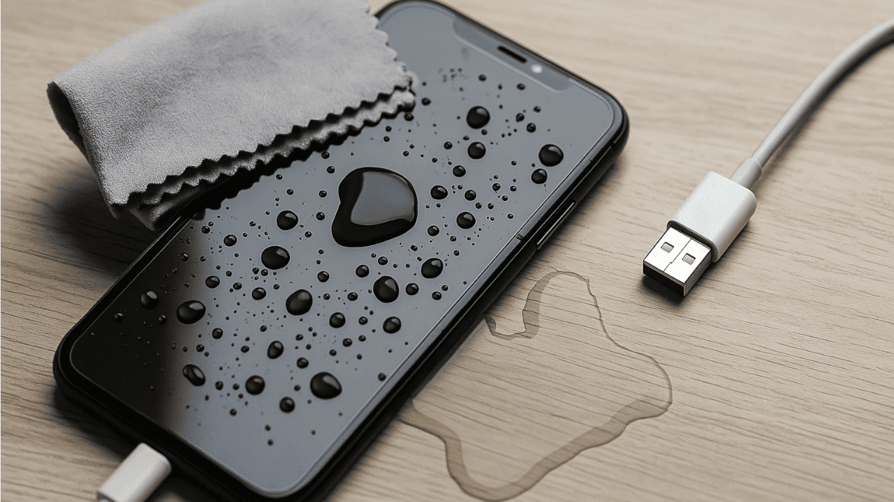 Zalany smartfon leżący na mokrym stole